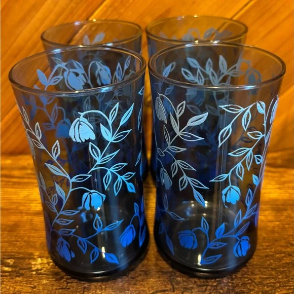 Floral Blue Vintage Glass Tumblers Set by Libbey - Picture 2 of 7